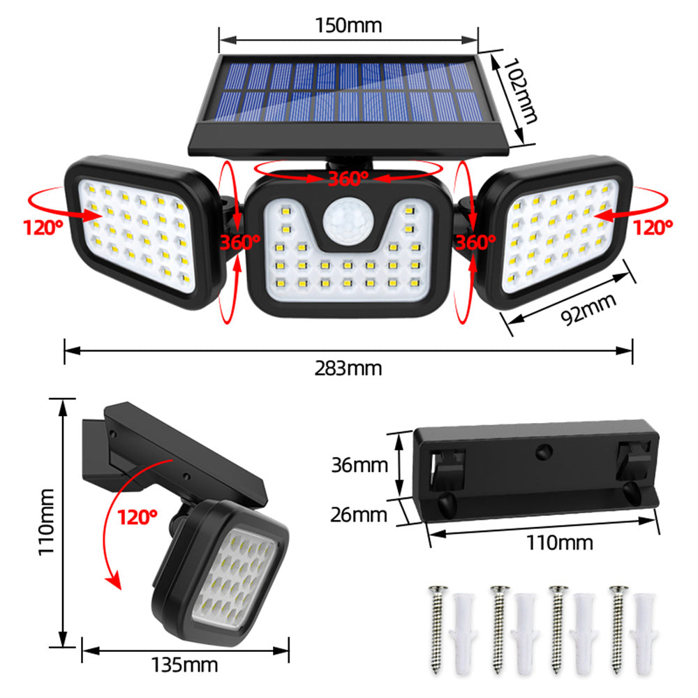 Lampă Solară de Perete cu 3 Capete LED și Senzor de Mișcare – Iluminare Automată pentru Exterior
